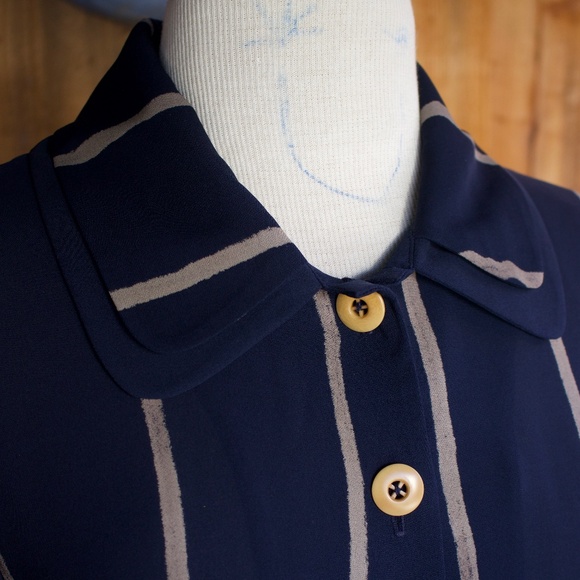 Catherine Bacon 100% Silk Blue & White Stripe Double Collar High Low Blouse XS - Picture 5 of 17
